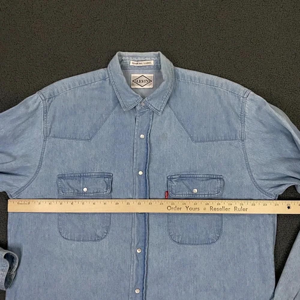 Levis Denim Western Shirt Mens Large Pearl Snap Diamond Label Blue Jean Vintage